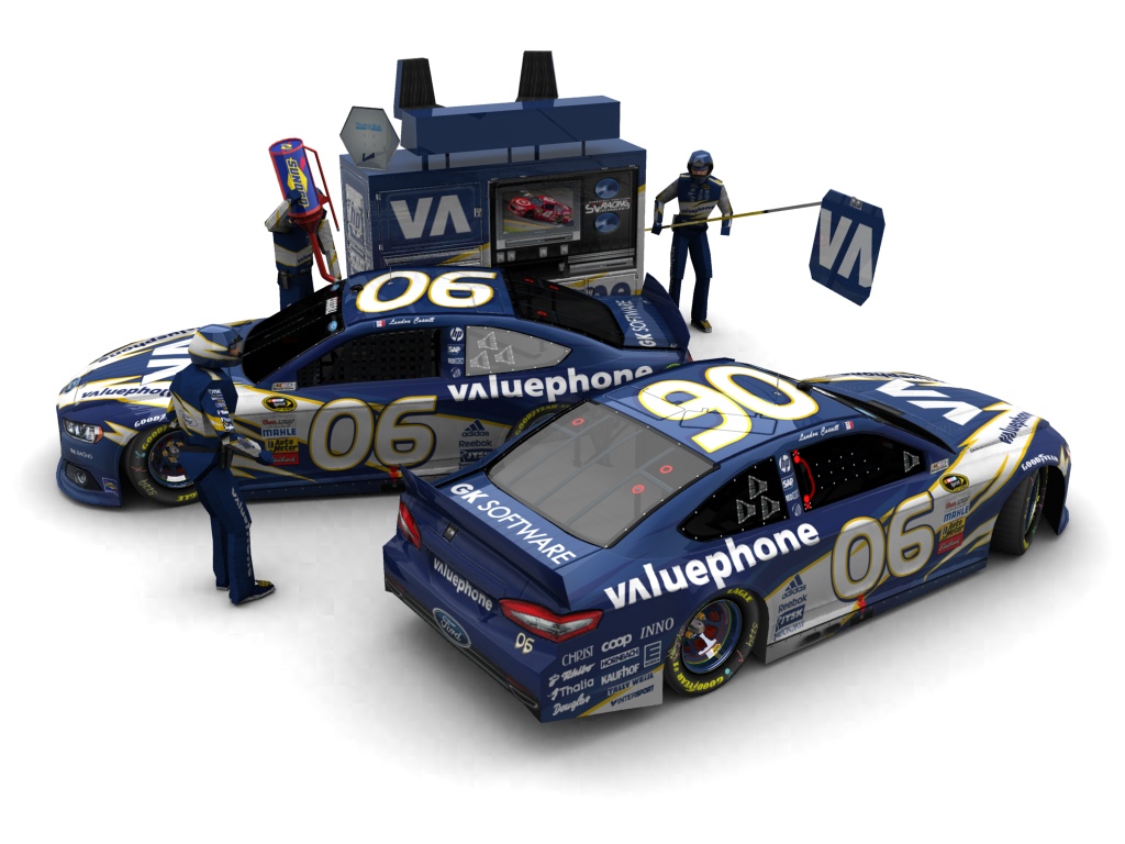 2013 GK Racing, #106, Landon Cassill, Ford Fusion II, Goodyear Eagle, Valuephone (Seitlicher Blick auf zwei Fahrzeuge & Pitcrew)