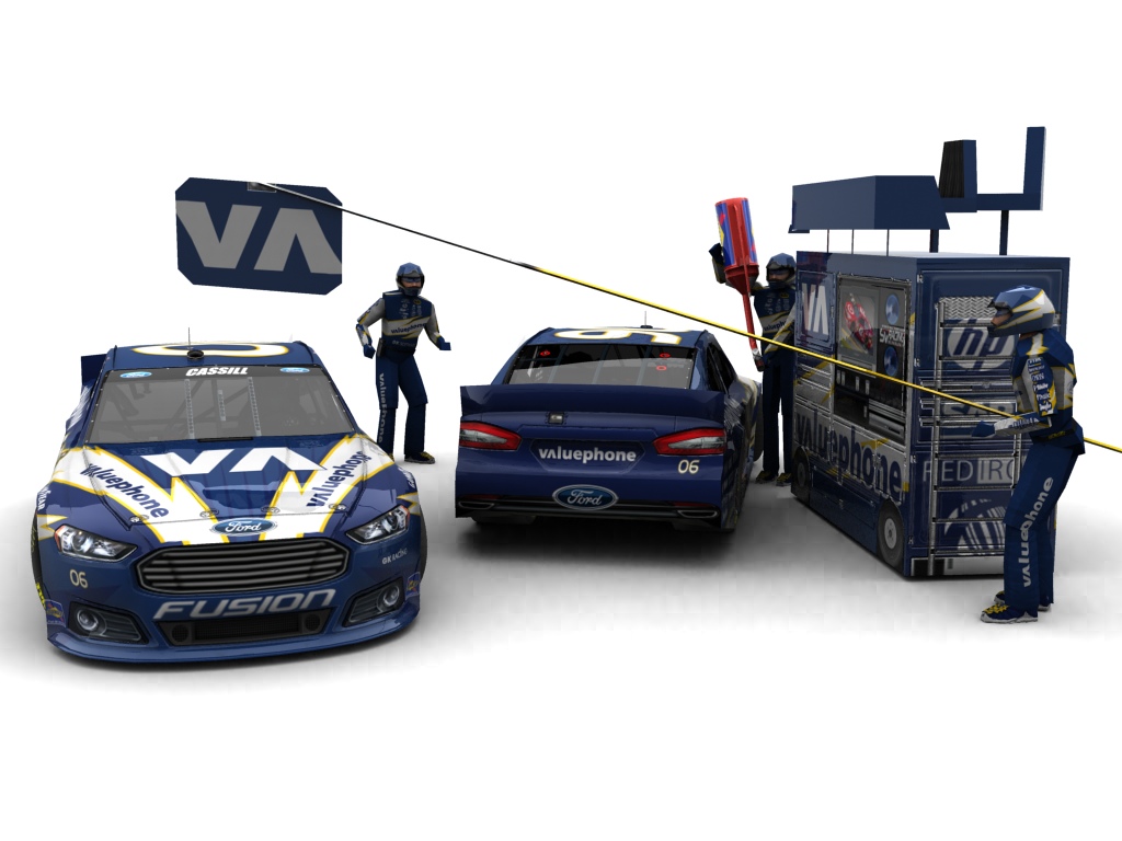 2013 GK Racing, #106, Landon Cassill, Ford Fusion II, Goodyear Eagle, Valuephone (Blick auf Heck sowie Front & Pitcrew)