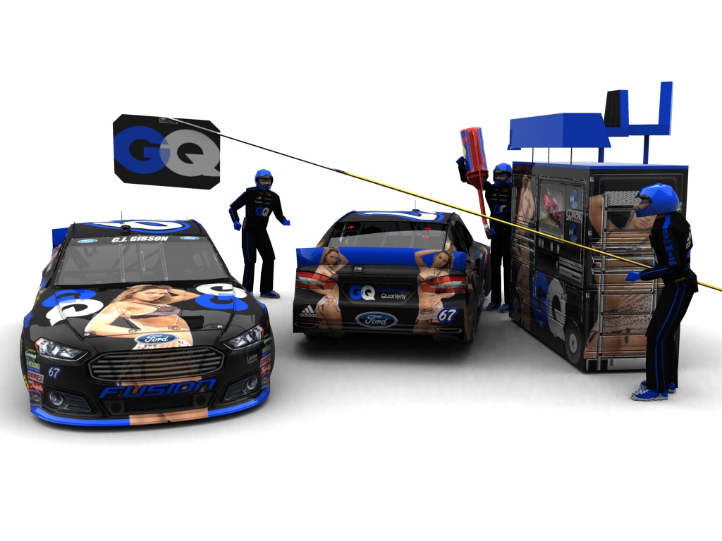 2013 Ladies Racing Club, #167, C.J. Gibson, Ford Fusion II, Goodyear Eagle, Gentlemen's Quarterly (Blick auf Heck sowie Front & Pitcrew)