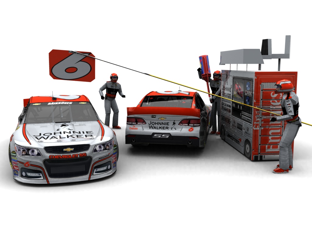 2013 Team McLaren, #6, Kimi Räikkönen, Chevrolet SS, Goodyear Eagle, Johnnie Walker (Blick auf Heck sowie Front & Pitcrew)