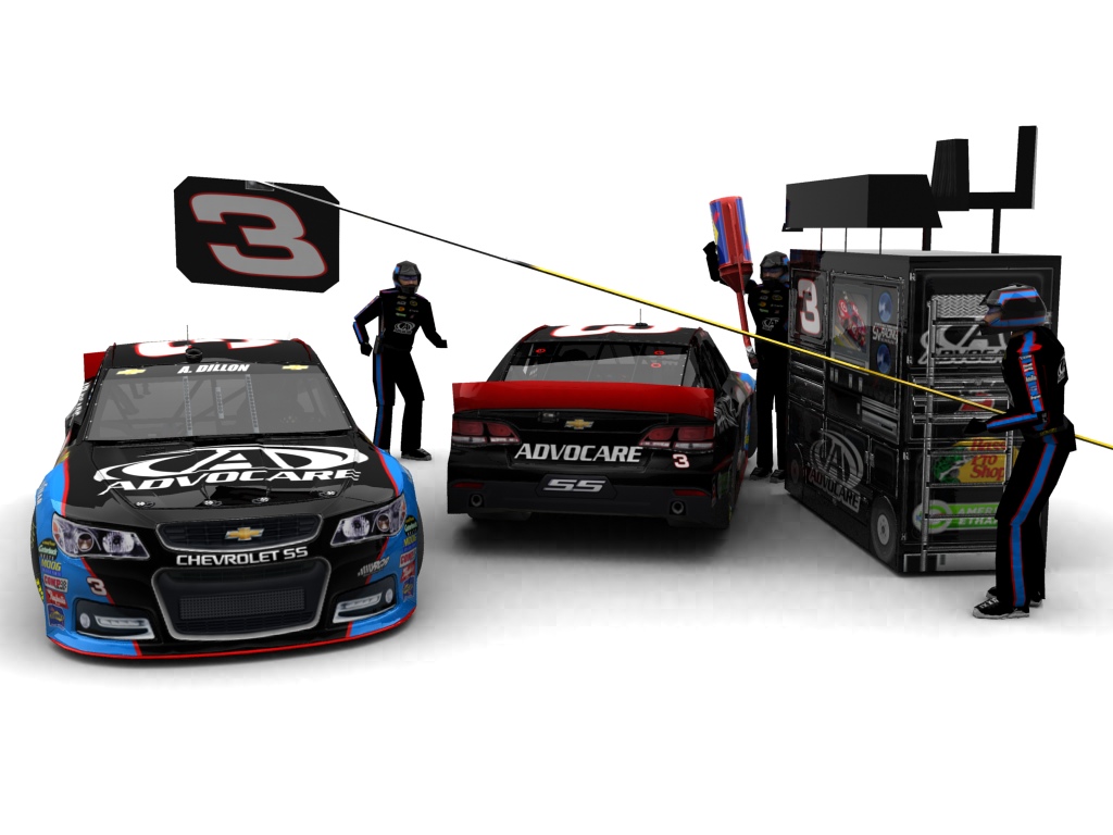 2013 Richard Childress Racing, #3, Austin Dillon, Chevrolet SS, Goodyear Eagle, Advocare (Blick auf Heck sowie Front & Pitcrew)