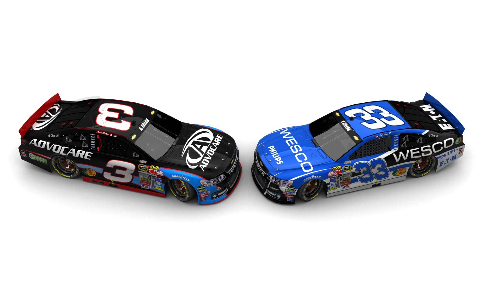 2013 Richard Childress Racing, Beide Fahrzeuge der Dillon-Brüder Head-to-Head (Seitlicher Blick, von oben)