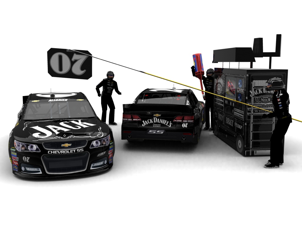 2013 Richard Childress Racing, #07, Justin Allgaier, Chevrolet SS, Goodyear Eagle, Jack Daniel's (Blick auf Heck sowie Front & Pitcrew)