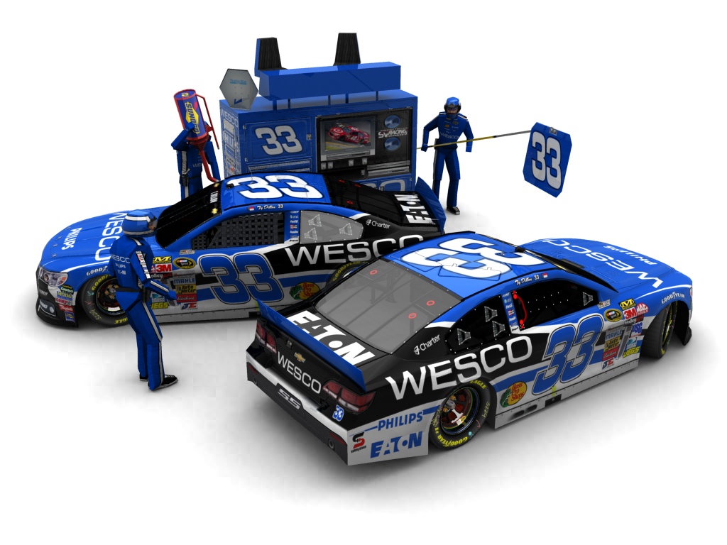 2013 Richard Childress Racing, #33, Ty Dillon, Chevrolet SS, Goodyear Eagle, Wesco (Seitlicher Blick auf zwei Fahrzeuge & Pitcrew)