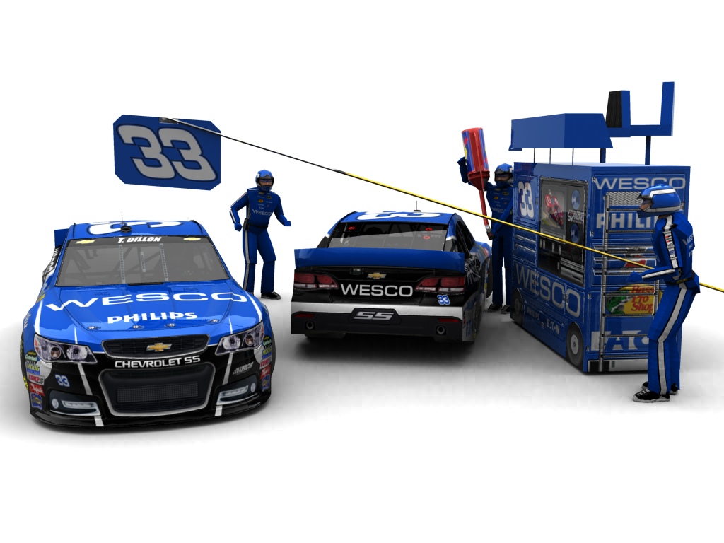 2013 Richard Childress Racing, #33, Ty Dillon, Chevrolet SS, Goodyear Eagle, Wesco (Blick auf Heck sowie Front & Pitcrew)