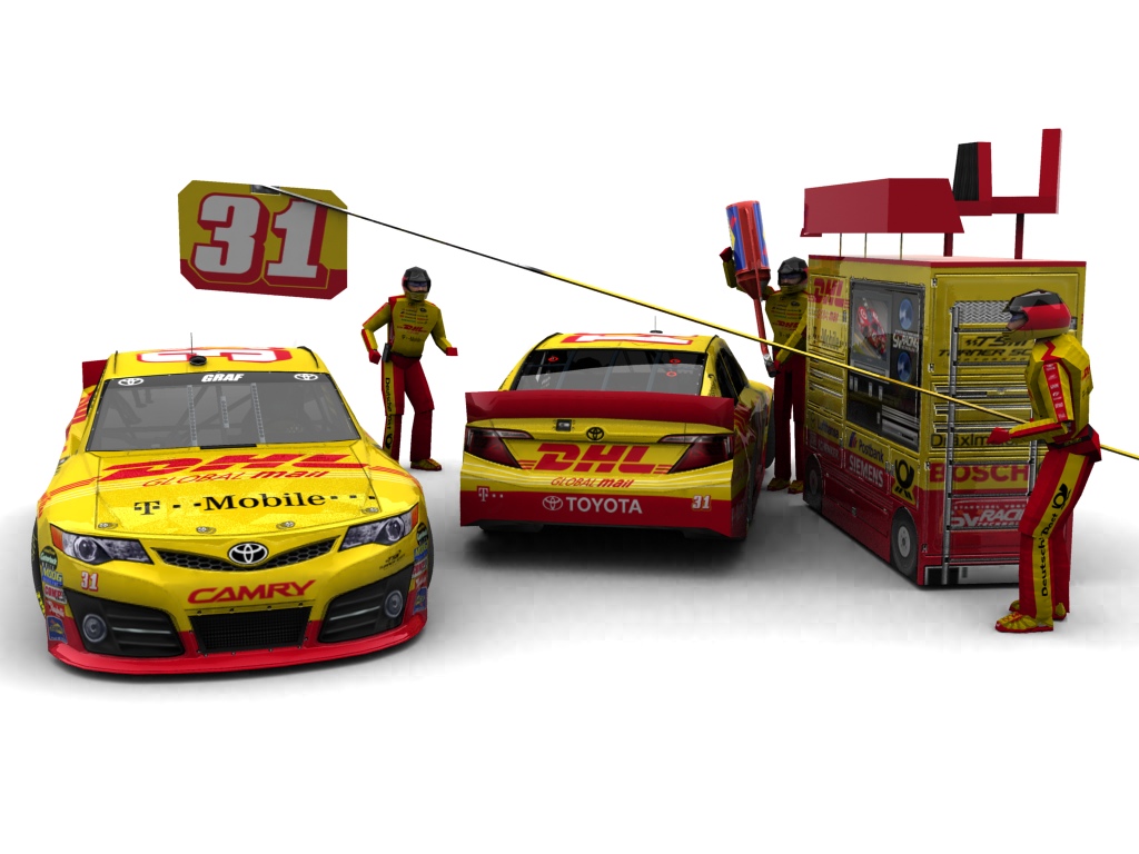 2013 Turner Scott Motorsports, #131, Klaus Graf, Toyota Camry XV50, Goodyear Eagle, DHL Global Mail (Blick auf Heck sowie Front & Pitcrew)