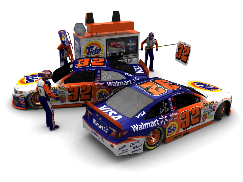 2013 Turner Scott Motorsports, #132, Andrew Ranger, Toyota Camry XV50, Goodyear Eagle, Tide/Walmart (Seitlicher Blick auf zwei Fahrzeuge & Pitcrew)