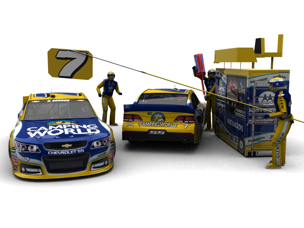 2014 Robby Gordon Motorsports, #7, Robby Gordon, Chevrolet SS, Goodyear Eagle, Camping World (Blick auf Heck sowie Front & Pitcrew)