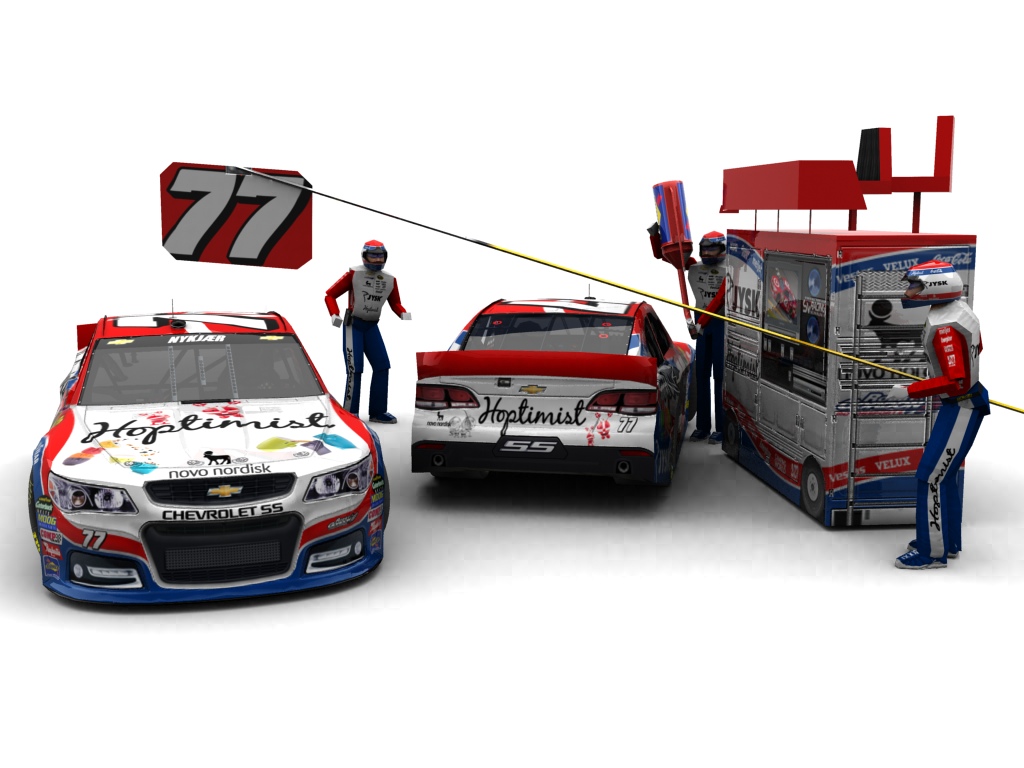 2014 Robby Gordon Motorsports, #77, Michel Nykjær, Chevrolet SS, Goodyear Eagle, Hoptimist (Blick auf Heck sowie Front & Pitcrew)