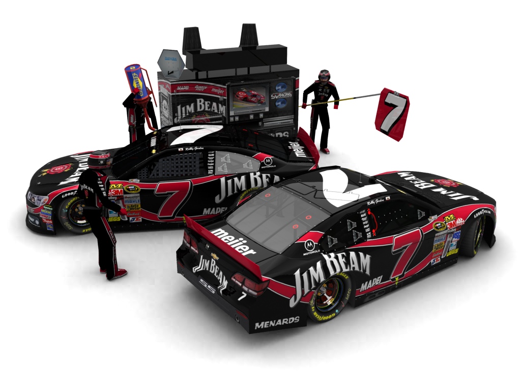 2014 Robby Gordon Motorsports, #7, Robby Gordon, Chevrolet SS, Goodyear Eagle, Jim Beam (Black Label) (Seitlicher Blick auf zwei Fahrzeuge & Pitcrew)