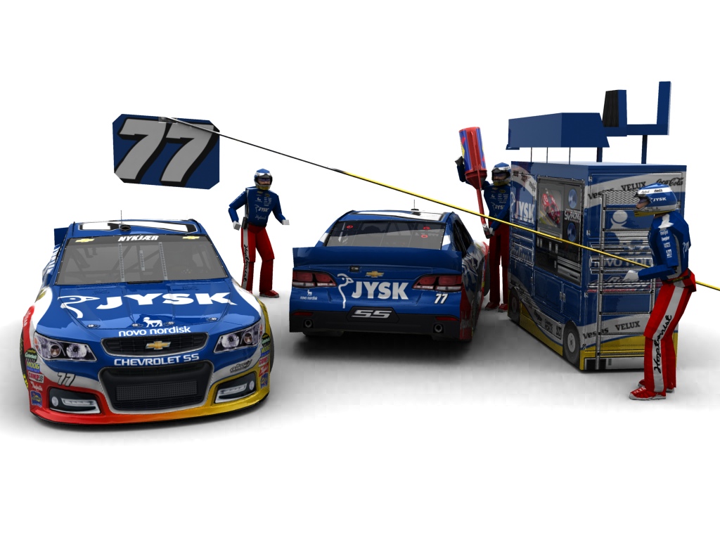 2014 Robby Gordon Motorsports, #7, Michel Nykjær, Chevrolet SS, Goodyear Eagle, Jysk Nordic (Blick auf Heck sowie Front & Pitcrew)