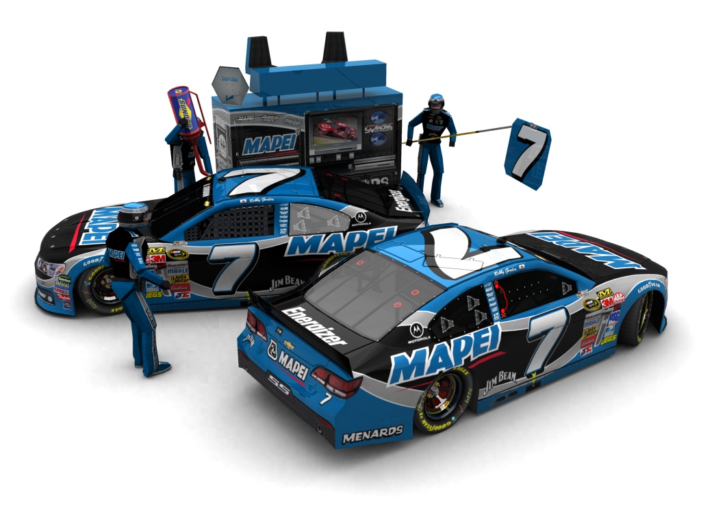 2014 Robby Gordon Motorsports, #7, Robby Gordon, Chevrolet SS, Goodyear Eagle, Mapei (Seitlicher Blick auf zwei Fahrzeuge & Pitcrew)