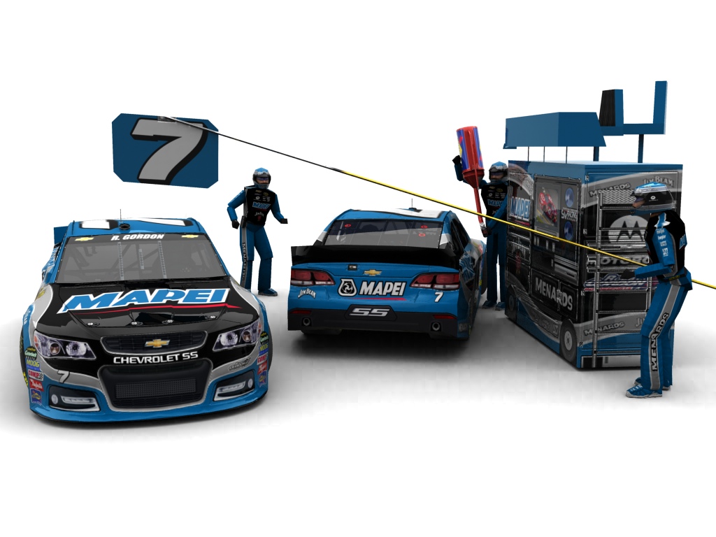 2014 Robby Gordon Motorsports, #7, Robby Gordon, Chevrolet SS, Goodyear Eagle, Mapei (Blick auf Heck sowie Front & Pitcrew)