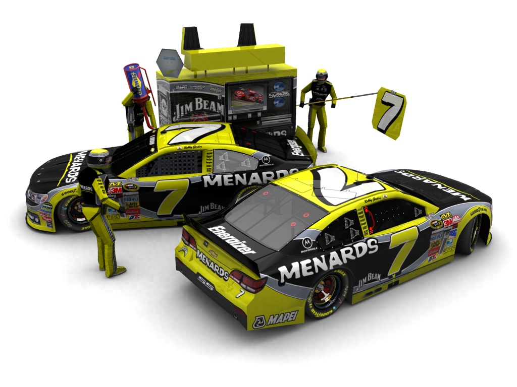 2014 Robby Gordon Motorsports, #7, Robby Gordon, Chevrolet SS, Goodyear Eagle, Menards (Seitlicher Blick auf zwei Fahrzeuge & Pitcrew)