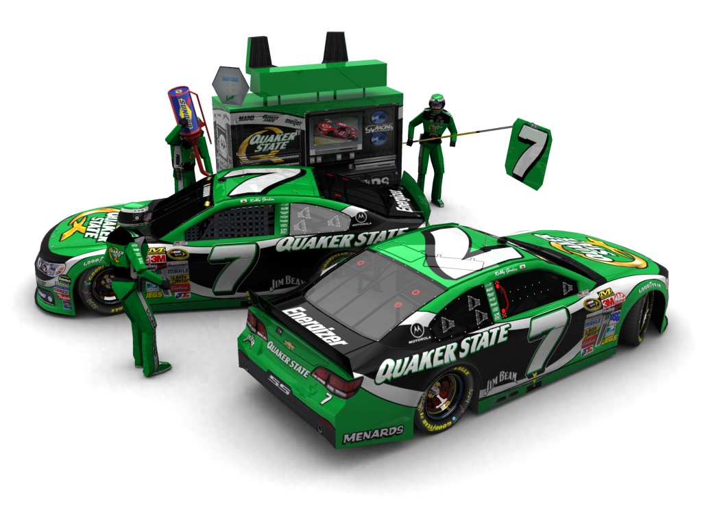 2014 Robby Gordon Motorsports, #7, Robby Gordon, Chevrolet SS, Goodyear Eagle, Quaker State (Seitlicher Blick auf zwei Fahrzeuge & Pitcrew)