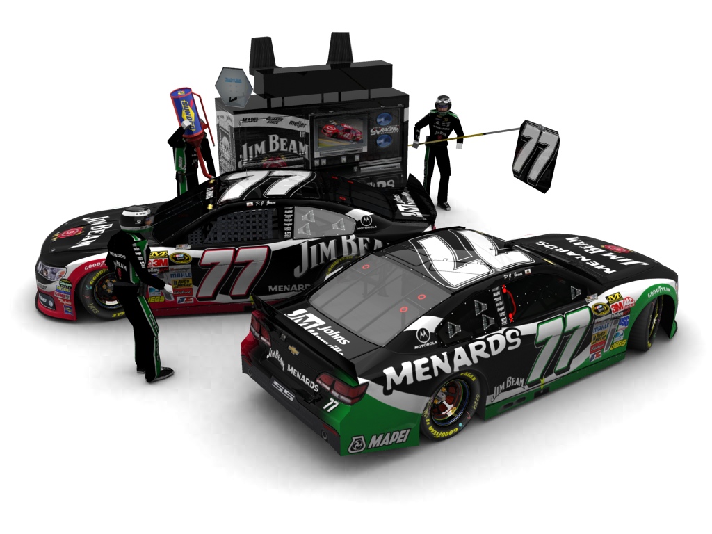 2014 Robby Gordon Motorsports, #77, P.J. Jones, Chevrolet SS, Goodyear Eagle, Menards/Jim Beam (Seitlicher Blick auf zwei Fahrzeuge & Pitcrew)