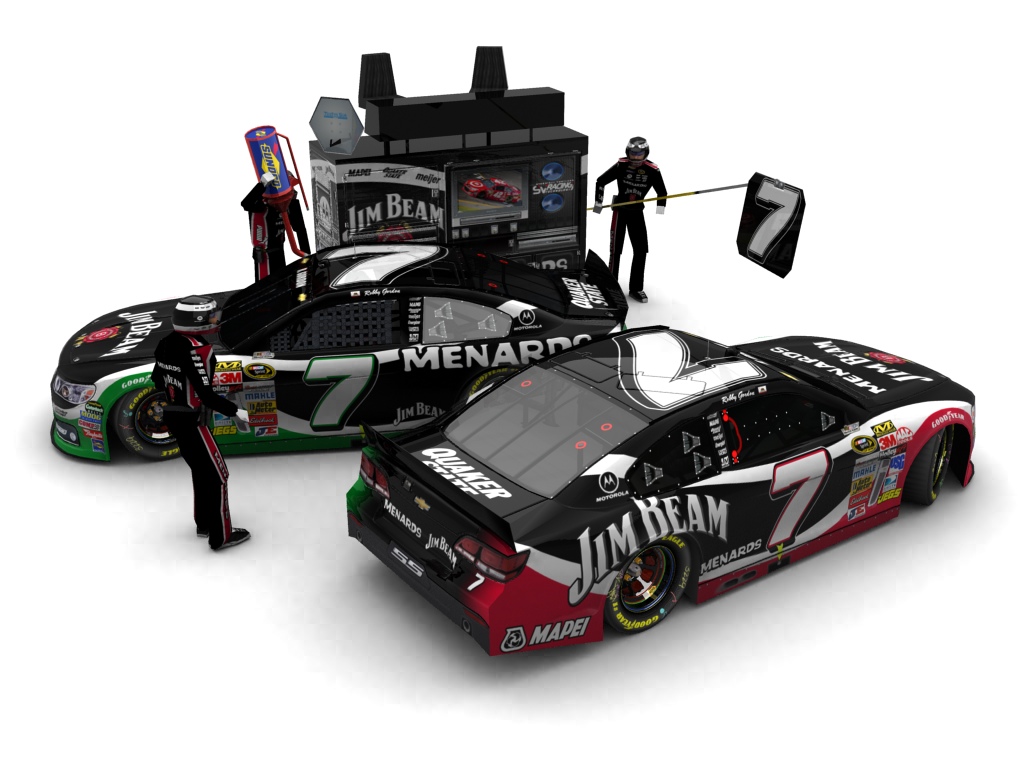 2014 Robby Gordon Motorsports, #7, Robby Gordon, Chevrolet SS, Goodyear Eagle, Jim Beam/Menards (Seitlicher Blick auf zwei Fahrzeuge & Pitcrew)