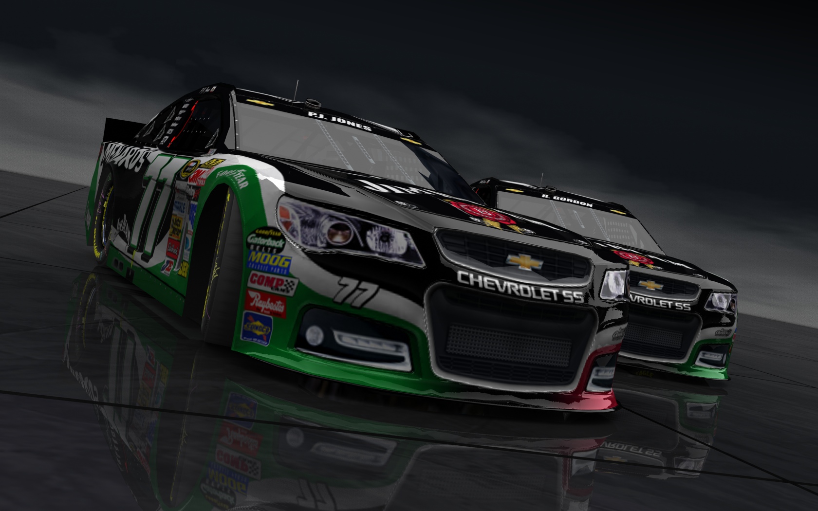 2014 Robby Gordon Motorsports, #7 und #77 Jim Beam/Menards-Fahrzeuge (Blick von vorne)