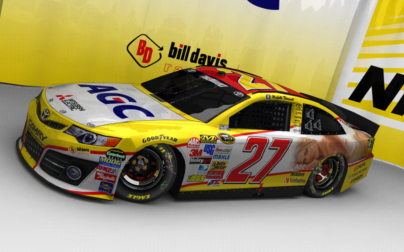 2025 Bill Davis Racing, #127, Michelle Theriault, Toyota Camry XV50, Goodyear Eagle, AGC (Asahi Glass Co.) (Blick von vorn, links, erhöht)