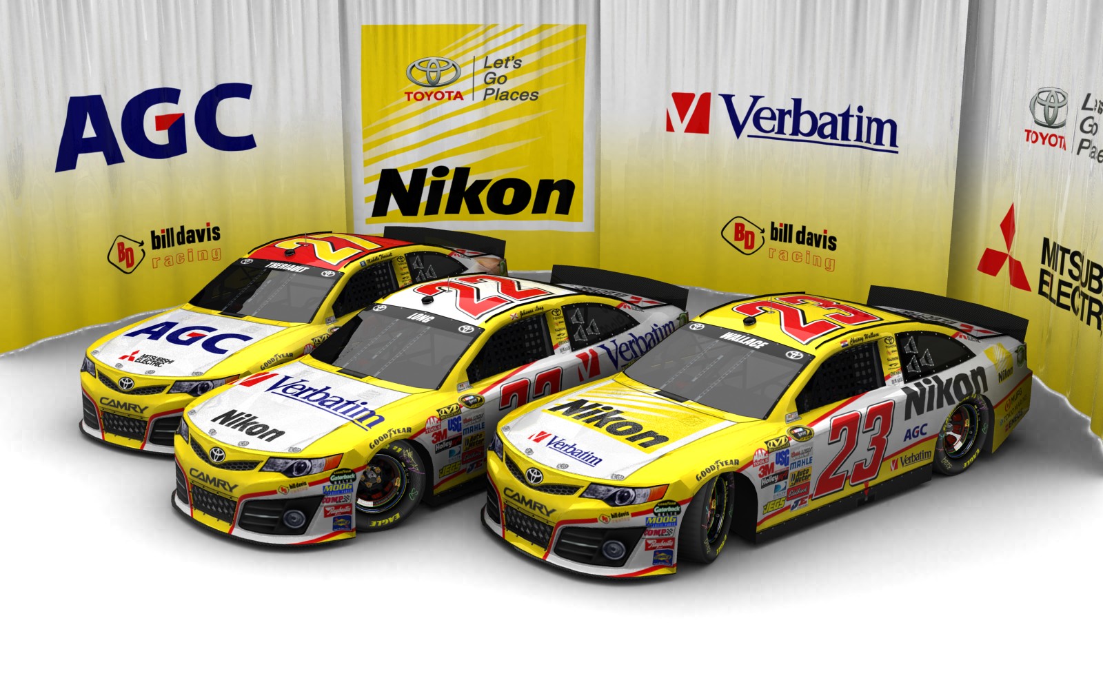 2025 Bill Davis Racing, Alle drei Fahrzeuge (Blick seitlich versetzt, erhöht von vorn)