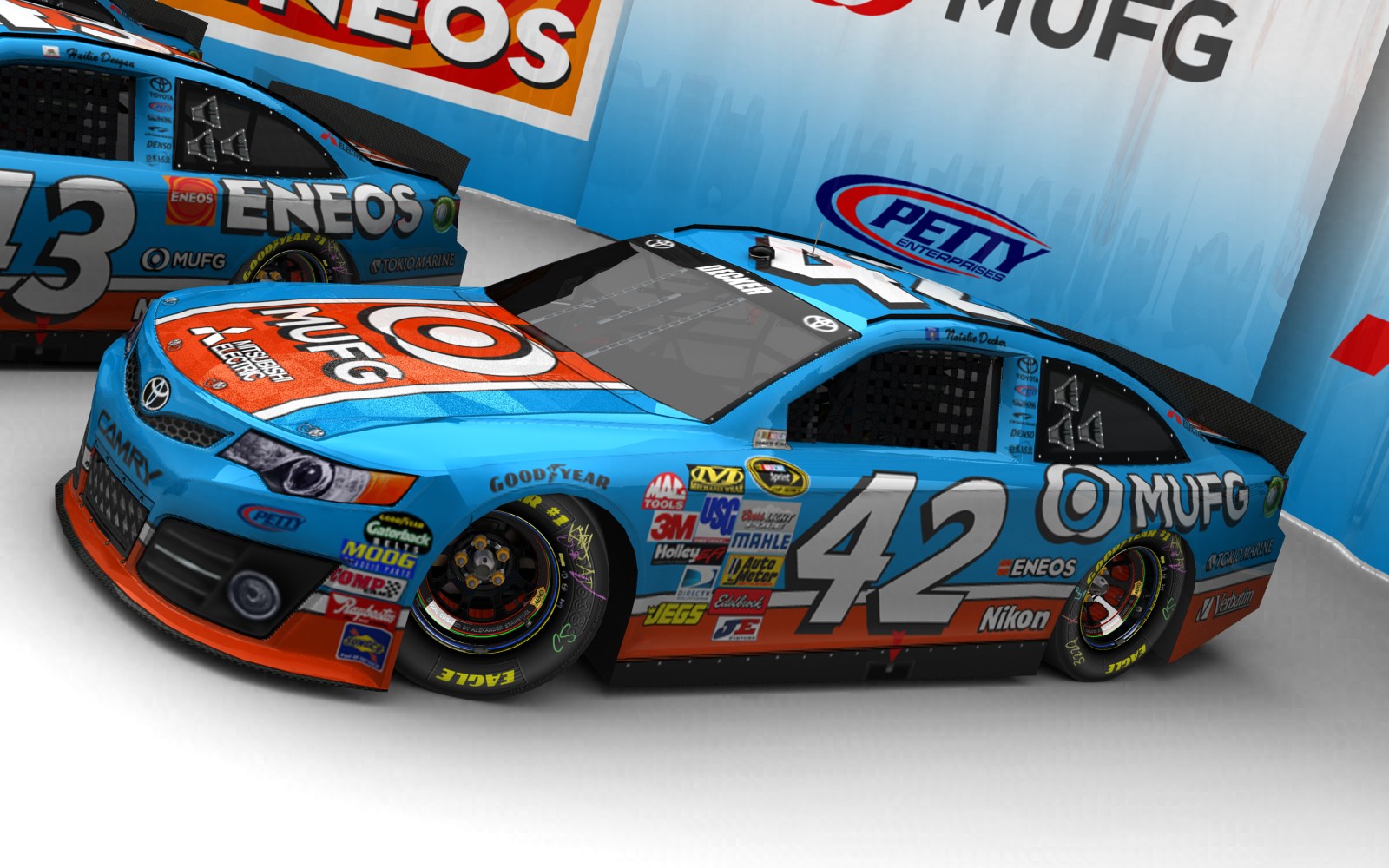 2025 Petty Enterprises, #242, Natalie Decker, Toyota Camry XV50, Goodyear Eagle, MUFG Bank (Blick von vorn, links, erhöht)