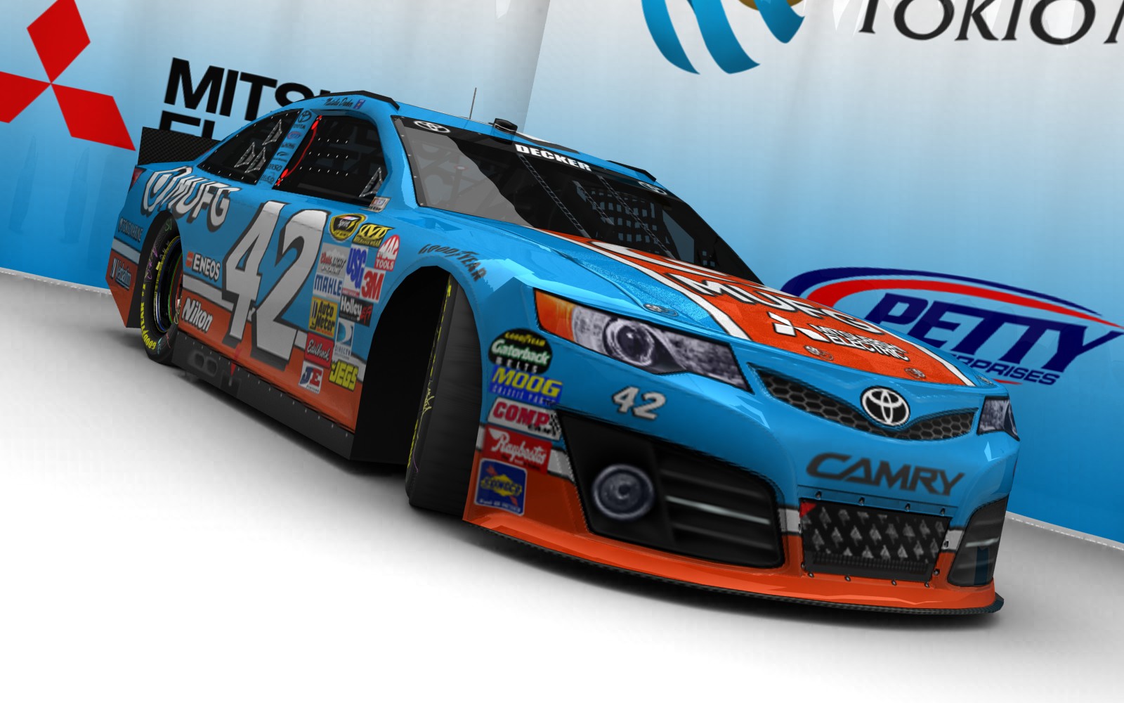2025 Petty Enterprises, #242, Natalie Decker, Toyota Camry XV50, Goodyear Eagle, MUFG Bank (Blick von vorn, rechts, bodennah)
