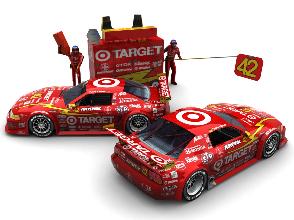 1996 Target Chip Ganassi Racing, #42, Petra Kienast, Ford Mustang, BF Goodrich, Target (Seitlicher Blick auf zwei Fahrzeuge & Pitcrew)