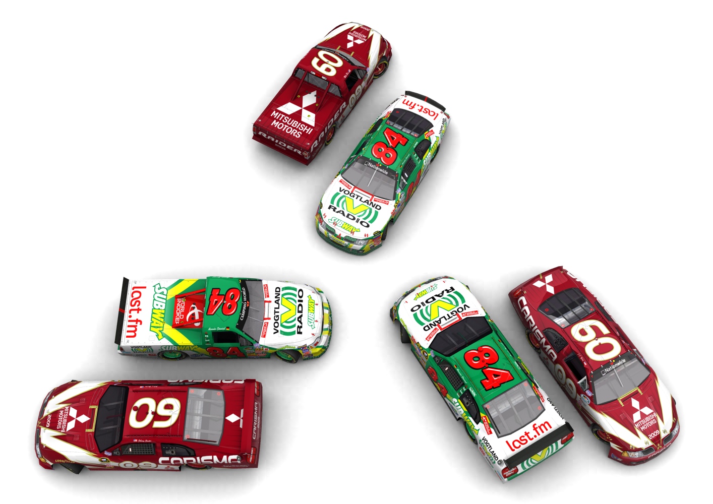 Sechs Autos stellen sich zum Mitsubishi-Logo zusammen. (Blick von oben)