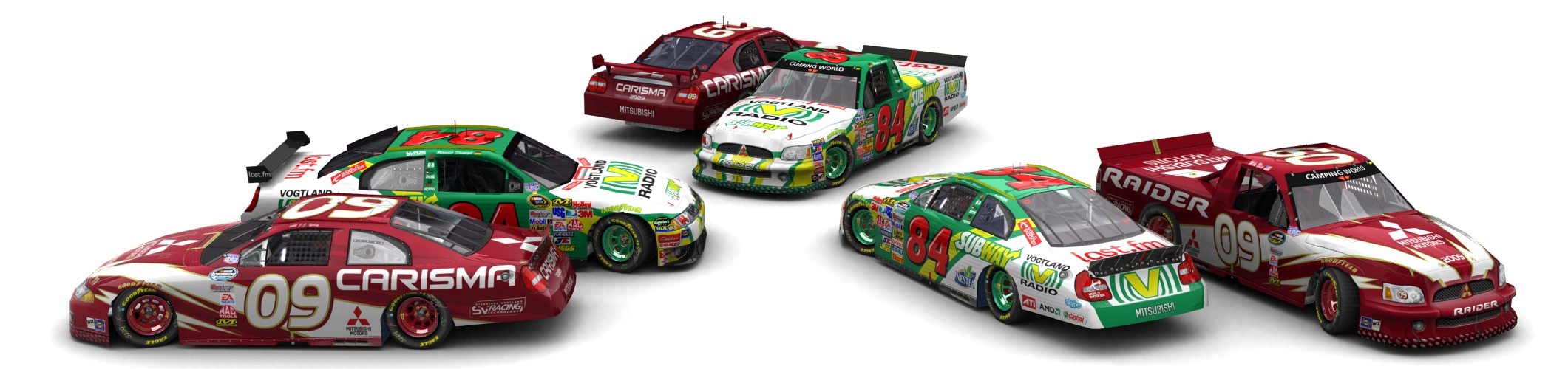 Sechs Autos stellen sich zum Mitsubishi-Logo zusammen. (Blick von vorn)