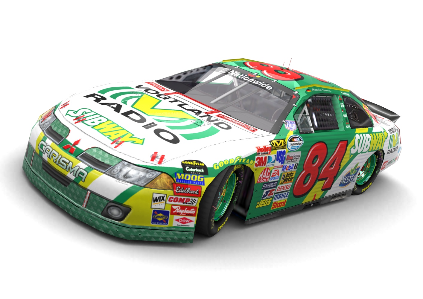 Stannigel Vogtland Racing, Mitsubishi Carisma II 2009, Papyrus NASCAR Cup, Project Wildfire Grand National, NASCAR Nationwide Series (Blick von vorn, links, erhöht)