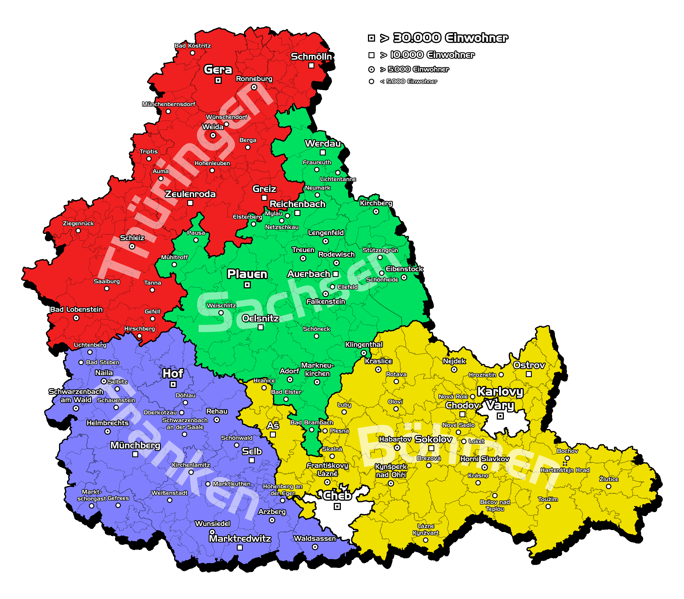 Karte der ehemaligen, nicht unbedingt gleichzeitigen, vogtländischen Besitzungen, Erwerbungen und erhaltene Lehen in heutigen (ca. 2009) Gemeinde- und Ländergrenzen &ndash; Cheb/Eger und Karlovy Vary/Karlsbad waren Freie Reichsstädte